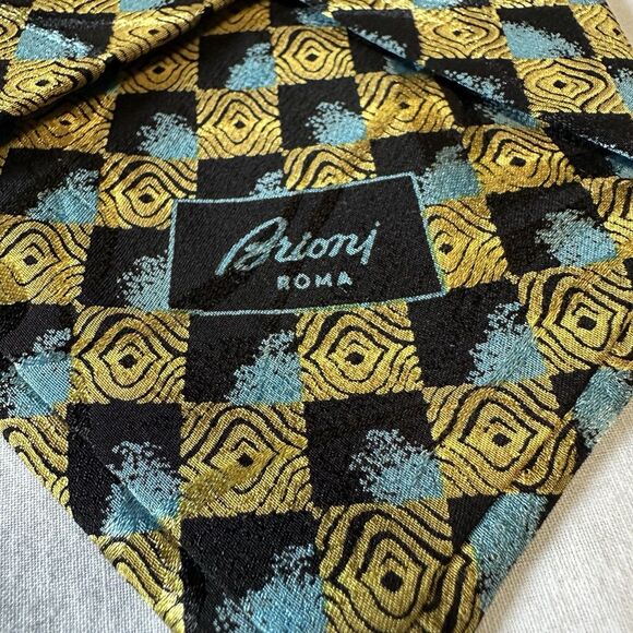 BRIONI Extra Long Suit Tie Silk Blue Black Gold Based Woven Handmade In Italy - Picture 11 of 16